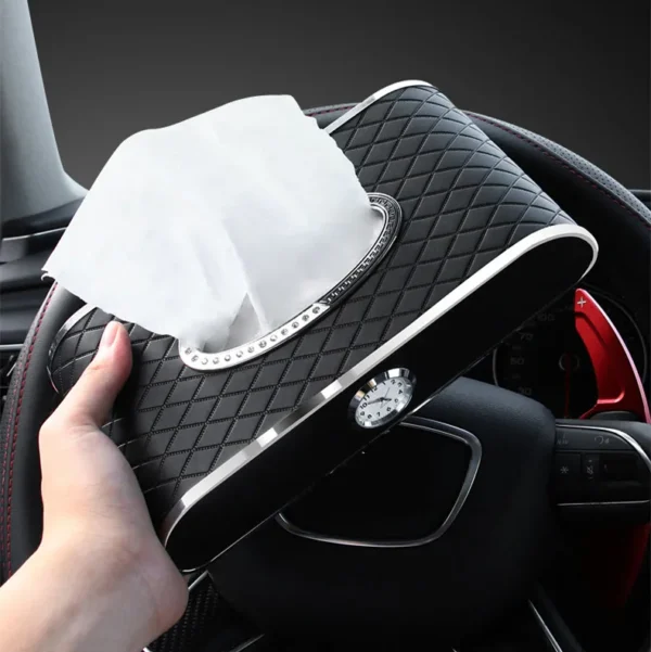 Car Clock Tissue Box Cover Tissue Box holder With Parking Card PU Leather - Image 3