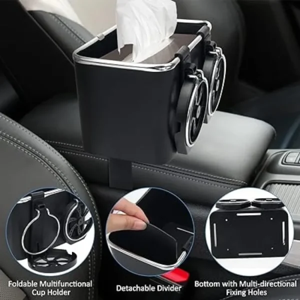 Multifunctional Car Armrest Storage Box Water Cup Holder, Anglecai Universal Armrest Tissue Holder for Car with 2 Foldable Car Cup Holders for Water Tumbler, Paper Towels Cellphones(Black) - Image 3