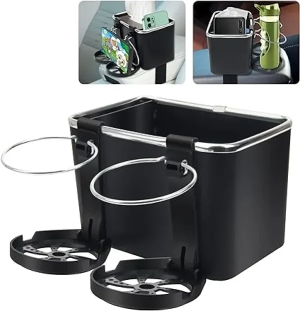 Multifunctional Car Armrest Storage Box Water Cup Holder, Anglecai Universal Armrest Tissue Holder for Car with 2 Foldable Car Cup Holders for Water Tumbler, Paper Towels Cellphones(Black) - Image 1