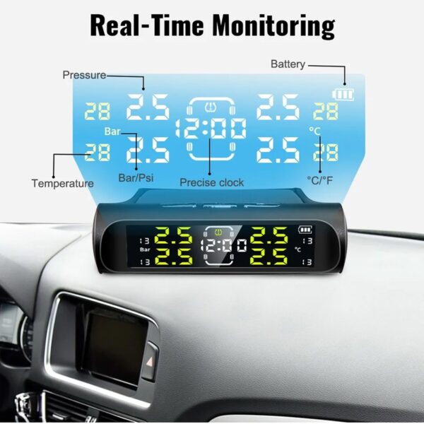 TPMS Car Tire Pressure Monitoring With Clock System – Solar-Powered for Safety & Energy-Efficient Real-Time Monitoring - Image 2