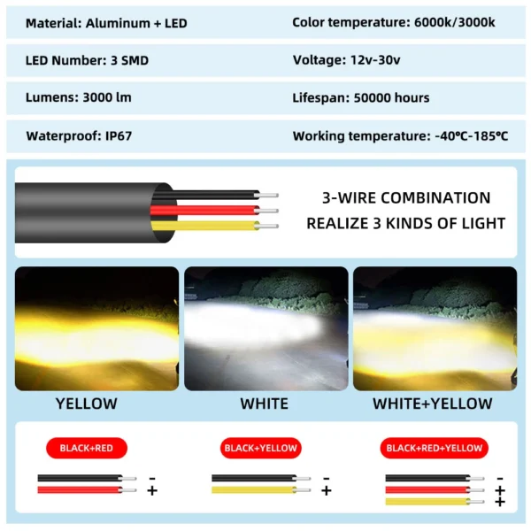 LIU HJG 3 LED 120W Yellow/White Fog Light with Wiring Kit for Universal  Car, Truck, Bike - Image 5