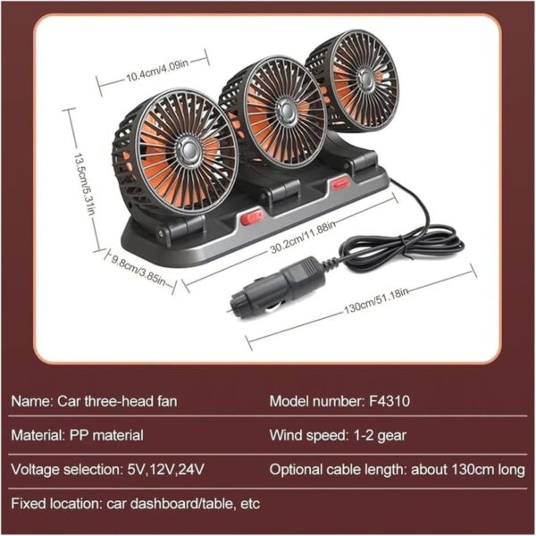 Three Head Vehicle Fan with Dual Speed Control – Adjustable Dashboard Fan for Cars - Image 5