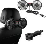 Dual Head USB Car Fan for Back Seat – 360° Adjustable Vehicle Cooling Fan with Headrest Mount