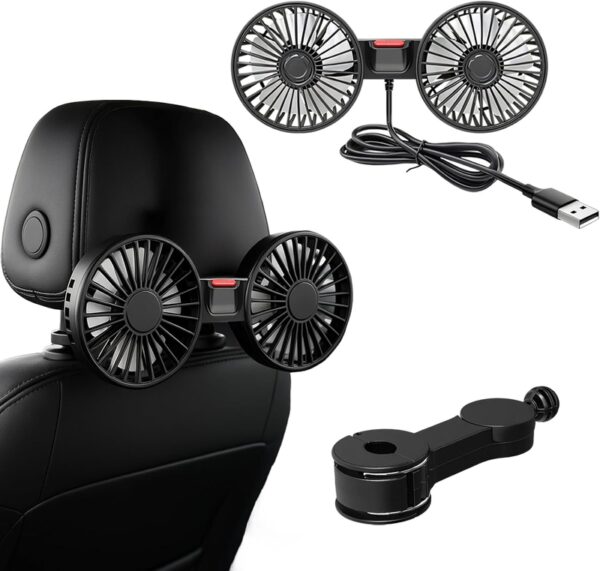 1669c666-073c-4b5a-adb0-98a81002e78c Dual Head USB Car Fan for Back Seat – 360° Adjustable Vehicle Cooling Fan with Headrest Mount - Image 1