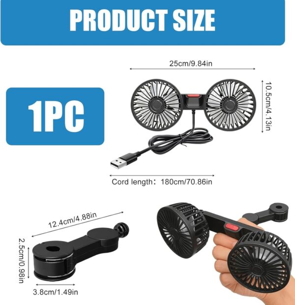 Dual Head USB Car Fan for Back Seat – 360° Adjustable Vehicle Cooling Fan with Headrest Mount - Image 3