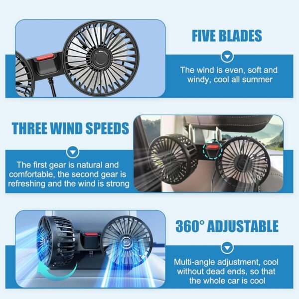 Dual Head USB Car Fan for Back Seat – 360° Adjustable Vehicle Cooling Fan with Headrest Mount - Image 6