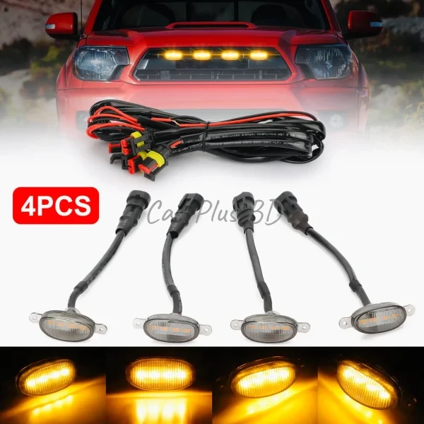 4PCS Amber LED Front Grille Marker Lights with Wiring Harness Kit for Cars, SUVs & Trucks - Image 1