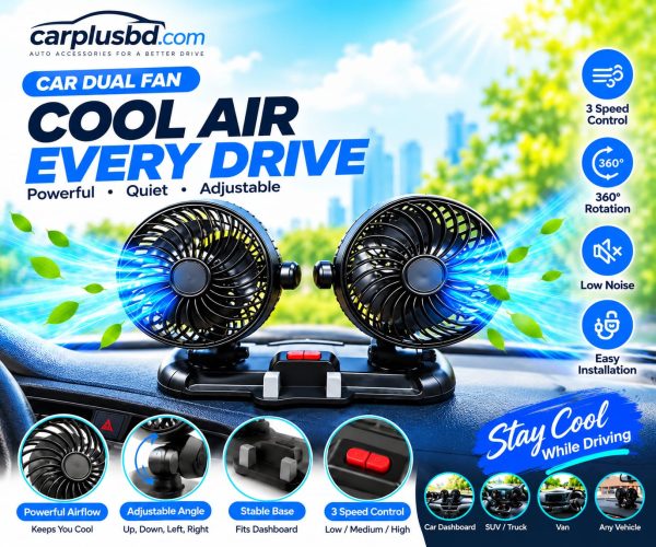 Car Fan Portable USB Powered Dual Head Car Cooling Fan 360 Rotatable & 3 Speeds Adjustable Vehicle Fans - Image 1