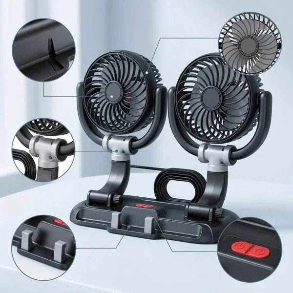 Car Fan Portable USB Powered Dual Head Car Cooling Fan 360 Rotatable & 3 Speeds Adjustable Vehicle Fans - Image 4